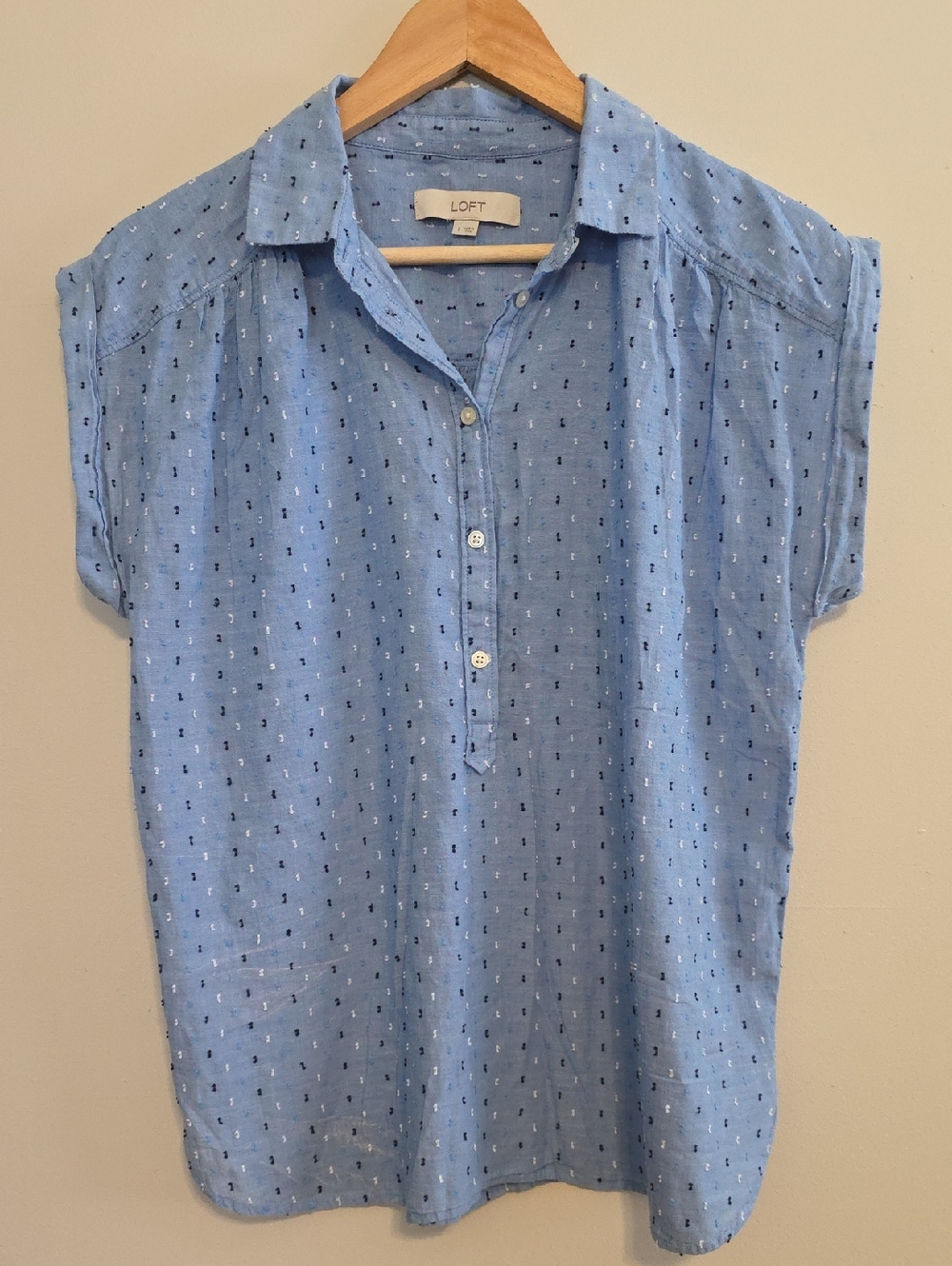 LOFT Blue Short-Sleeve Button Front Blouse with Navy Dot Accent